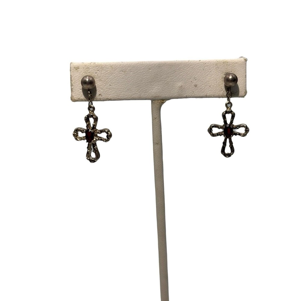 Vintage Sterling Silver925 Signed Gorham Garnet Chantilly Cross Pierced Earrings
